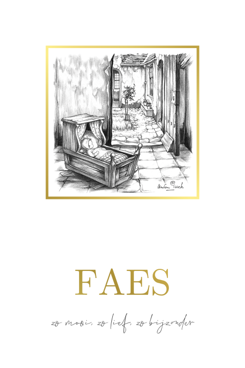 Geboortekaart Anton Pieck pentekening schommelwiegje goudfolie